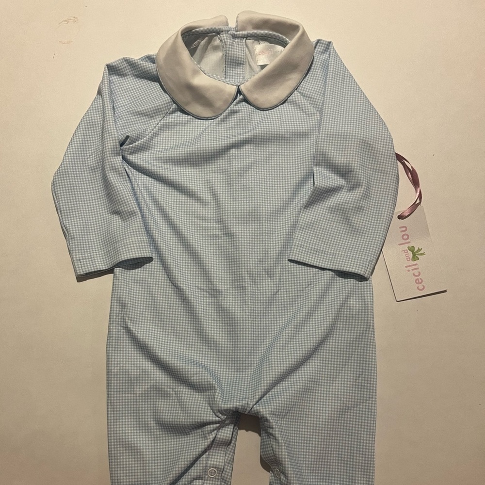 NWT Cecil and Lou Boys Knit Blue Gingham Long Romper Size 3m